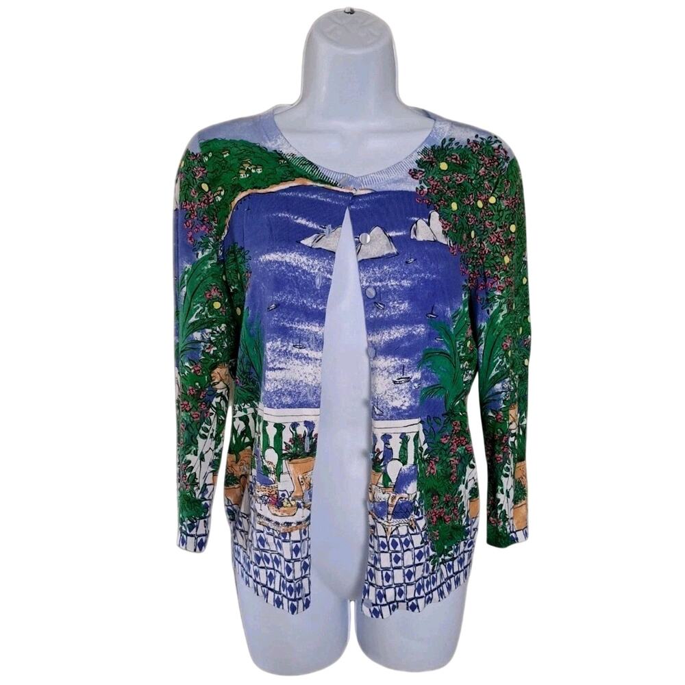 Talbots Womens Cardigan Sweater Italy Scene Landscape Patio Blue Sz S